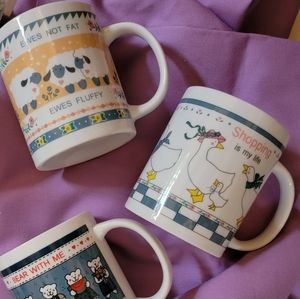 4 NIB '90s Vintage Mugs Gift Box 'Shopping is my life' & more Farmhouse Geese